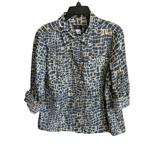 Lark Lane Geometric Shimmer Button Down  Chest Pockets Roll Tab Sleeve SZ 12